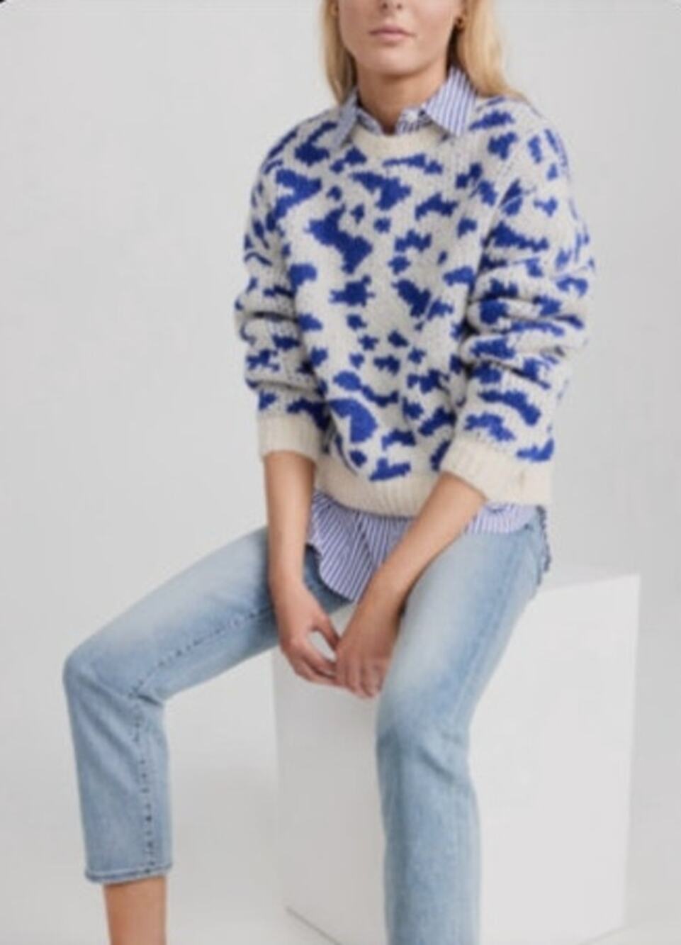 NWOT MOTHER Jumper Alpaca Sweater In Feline Friends Blue Leopard Print Size M